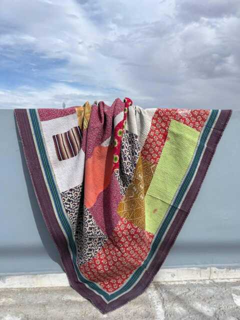 Handmade Patchwork Reversible Block Print Cotton Kantha Quilt Ethnic Bedspread - image 1