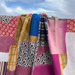 Handmade Patchwork Reversible Block Print Cotton Kantha Quilt Ethnic Bedspread - thumbnail 2