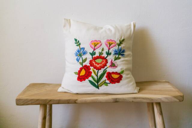 Linen Pillow With Embroidered Flowers For Living Room, Bedroom & Farmhouse Decoration, Embroidery Art - image 1