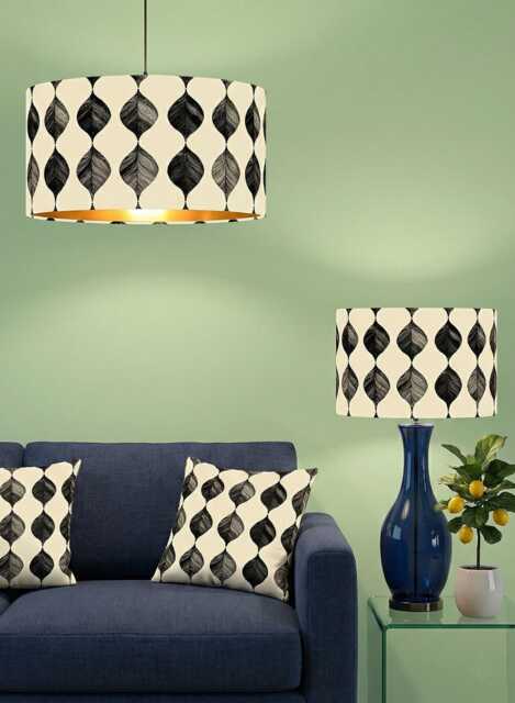Handmade By Order Luxury Grey Charcoal Leaf Pattern On Beige Velvet Lamp Shade Pendant Light All Shapes & Sizes Available - image 1