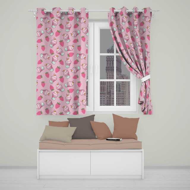 Cute Strawberry Milkshake Cupcake Soft Pink Background Seamless Pattern Readymade Eyelet Ring Top Thermal 100% Blackout Curtains - image 1