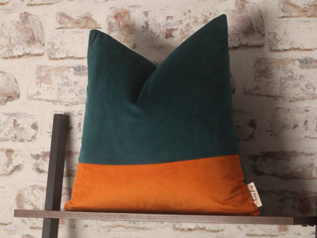 Teal & Sunset Orange Velvet Cushion Cover Mid-Century Modern Boho Pillow, 20x20 Inch - image 1