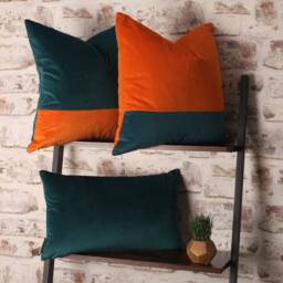 Teal & Sunset Orange Velvet Cushion Cover Mid-Century Modern Boho Pillow, 20x20 Inch - thumbnail 4
