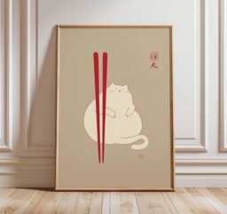 Minimalist Japanese Cat Art Print - Cute White Poster With Red Accents, Zen Asian Wall Decor, Modern Illustration - thumbnail 1