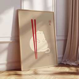 Minimalist Japanese Cat Art Print - Cute White Poster With Red Accents, Zen Asian Wall Decor, Modern Illustration - thumbnail 2