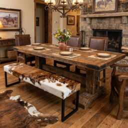 Cowhide & Steel Dining Bench, Modern Entryway Industrial Seating, Bench - Rgb - thumbnail 2