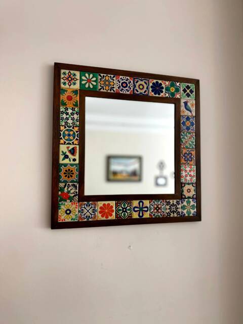 Mexican Mirror, Unique Bohemian Mosaic Talavera Tile Art Deco Wall - image 1