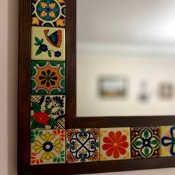 Mexican Mirror, Unique Bohemian Mosaic Talavera Tile Art Deco Wall - thumbnail 3