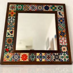 Mexican Mirror, Unique Bohemian Mosaic Talavera Tile Art Deco Wall - thumbnail 2