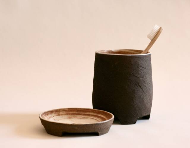 Handmade Set Of Black Ceramic Toothbrush Holder & Soap Dish - Japanese Style Pottery - image 1