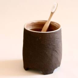 Handmade Set Of Black Ceramic Toothbrush Holder & Soap Dish - Japanese Style Pottery - thumbnail 2