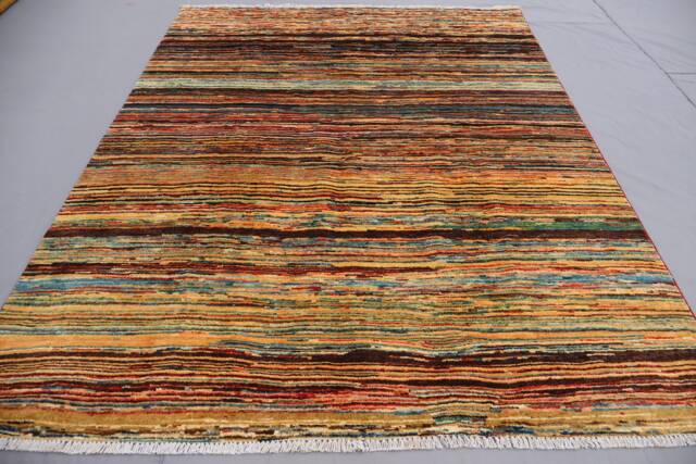 5x7 Afghan Striped Rug, Multicolor Hand Knotted Wool Area Natural Vegetable Dyes Oriental Rug For Bedroom, Office, Living Room - image 1
