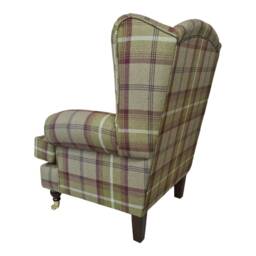 Queen Anne Wingback Chair Heather Tartan Fabric, Brass Castor Legs - thumbnail 3