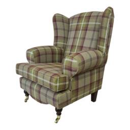 Queen Anne Wingback Chair Heather Tartan Fabric, Brass Castor Legs - thumbnail 2