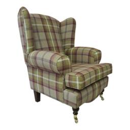 Queen Anne Wingback Chair Heather Tartan Fabric, Brass Castor Legs