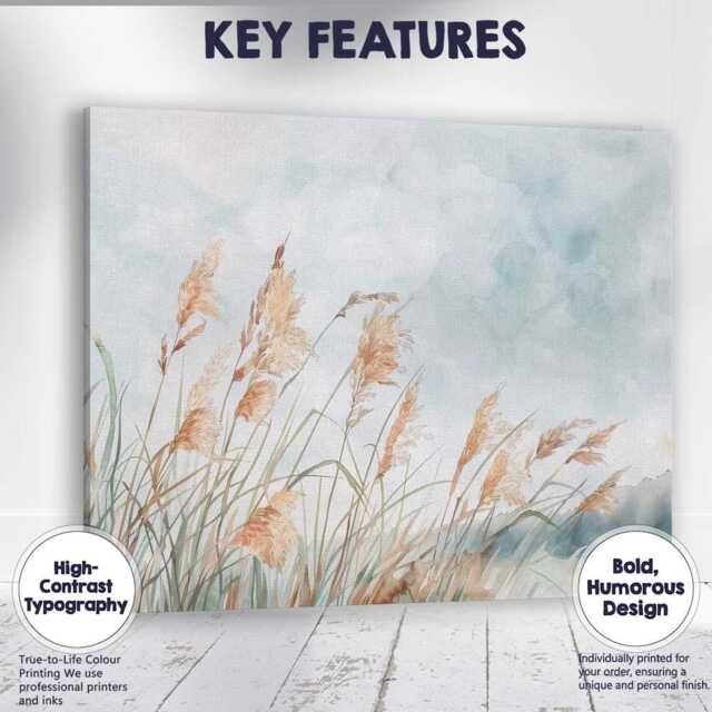 Soft Neutral Pampas Grass Watercolour Botanical Landscape Canvas Wall Art Print Decor Picture Ready To Hang - image 1