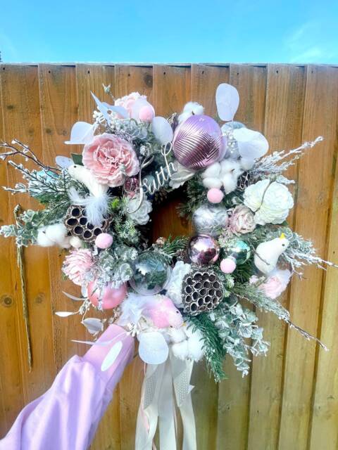 Handmade Pink Christmas Wreath Frosted Roses & Baubles, Festive Decor