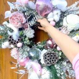 Handmade Pink Christmas Wreath Frosted Roses & Baubles, Festive Decor - thumbnail 3