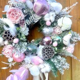 Handmade Pink Christmas Wreath Frosted Roses & Baubles, Festive Decor - thumbnail 2