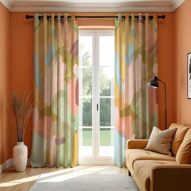 Abstract Pastel Curtains, Modern Art Inspired Drapes in Peach, Blue & Olive Tones, Custom Made Panels, Contemporary Living Room Decor - image 1