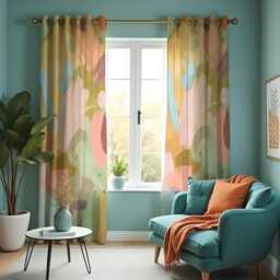 Abstract Pastel Curtains, Modern Art Inspired Drapes in Peach, Blue & Olive Tones, Custom Made Panels, Contemporary Living Room Decor - thumbnail 3
