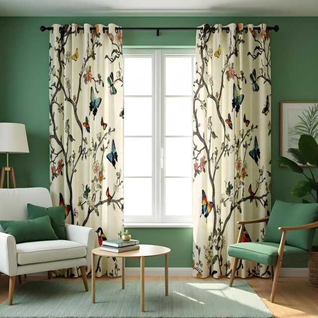 Bird & Butterfly Curtains, Botanical Cream Drapes, Custom Made Eyelet Or Rod Pocket Panels - image 1