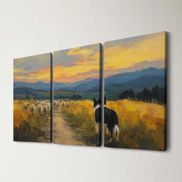 Border Collie Herding Sheep 3 Panel Split Canvas Wall Art Farm Dog At Golden Hour Country Landscape Oil Painting Framed Home Decor - image 1