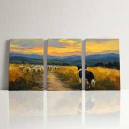 Border Collie Herding Sheep 3 Panel Split Canvas Wall Art Farm Dog At Golden Hour Country Landscape Oil Painting Framed Home Decor - thumbnail 3