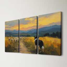 Border Collie Herding Sheep 3 Panel Split Canvas Wall Art Farm Dog At Golden Hour Country Landscape Oil Painting Framed Home Decor - thumbnail 1