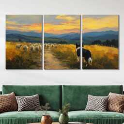 Border Collie Herding Sheep 3 Panel Split Canvas Wall Art Farm Dog At Golden Hour Country Landscape Oil Painting Framed Home Decor - thumbnail 2