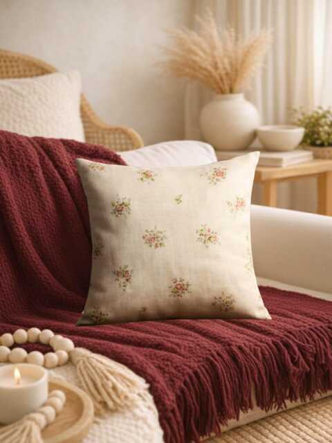 Cream Floral Pillow Cover - Faux Linen - 18x18 - image 1