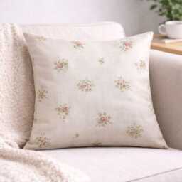 Cream Floral Pillow Cover - Faux Linen - 18x18 - thumbnail 2
