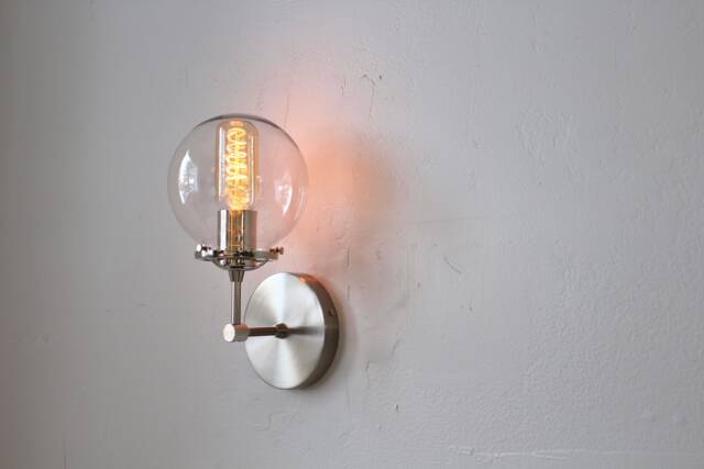 Wall Sconce Lamp, Mounted Lighting Fixture, Nickel Or Brass, Clear Bubble Glass Globe Shade, Vanity Night Light, Bedroom Reading Lamp - image 1