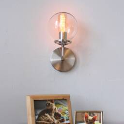 Wall Sconce Lamp, Mounted Lighting Fixture, Nickel Or Brass, Clear Bubble Glass Globe Shade, Vanity Night Light, Bedroom Reading Lamp - thumbnail 3