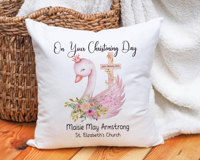 Personalised Christening Cushion Gift Girls Or Baptism Present For Goddaughter Granddaughter Pretty Keepsake - image 1
