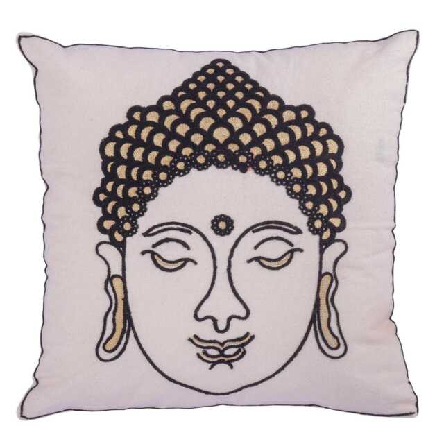 Embroidered Buddha Cushion Cover 40cm - Black & Gold Indian Decor Pillow, Spiritual Home Accent, Zipper Back Square Case - image 1