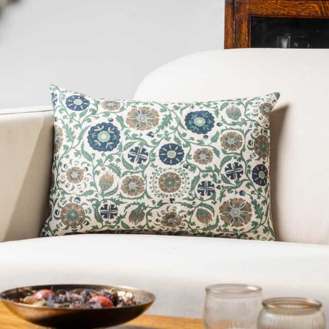 Tudor Rose Boudoir Cushion Cover in Teal Blue. Classic Floral & Botanical Trailing Vines Design. 17x12 - image 1