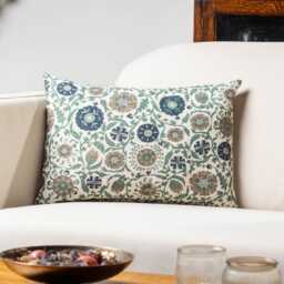 Tudor Rose Boudoir Cushion Cover in Teal Blue. Classic Floral & Botanical Trailing Vines Design. 17x12