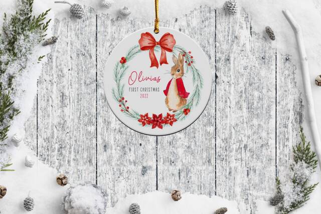 Personalised First Christmas Bauble, Baby's 1st Ornament, New Baby Gift, Custom Name, Rabbit Tree Decoration, Keepsake, Xmas 2024 - image 1