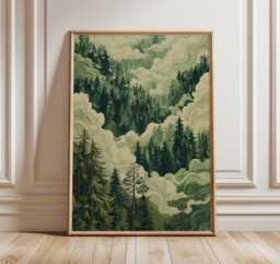 Misty Pine Forest Poster, Green Nature Landscape Wall Art For Living Room Bedroom Office - thumbnail 1