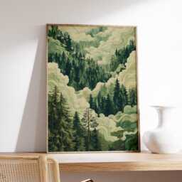 Misty Pine Forest Poster, Green Nature Landscape Wall Art For Living Room Bedroom Office - thumbnail 2