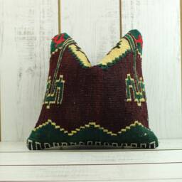 Vintage Kilim Pillow Cover Hand-Woven Wool, Turkish Cotton - 16x16 Inch - thumbnail 2