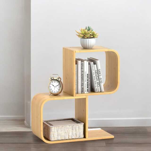 S-Shaped 2-Tier Bamboo Bookshelf - S-Shaped Small Bookcase With Anti-Toppling Kit - image 1