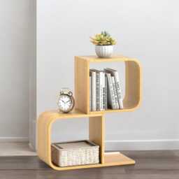 S-Shaped 2-Tier Bamboo Bookshelf - S-Shaped Small Bookcase With Anti-Toppling Kit - thumbnail 1