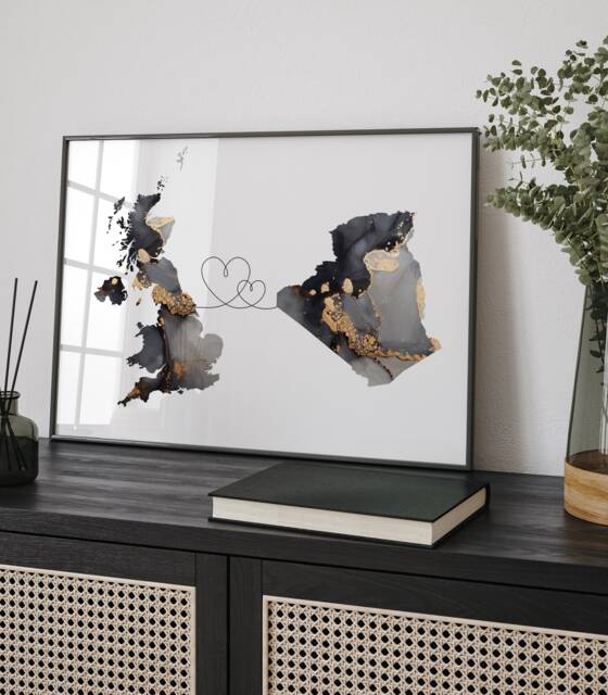 Britain & Algeria Map Black & Gold Travel Wall Art Print - United Kingdom UK - image 1