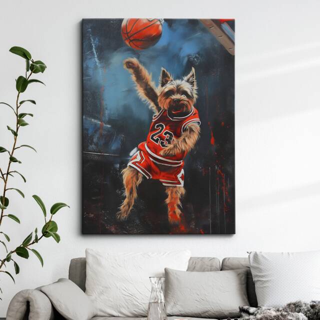 Yorkshire Terrier Dunking Basketball Dog Art Painting Framed Poster Print & Canvas Wall Decor Home Bedroom Gift - image 1