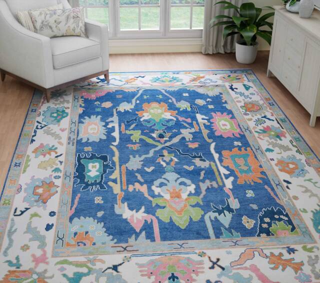 Handmade Wool Oushak Rug, Blue Floral Fine Woolrug, Coastal Decor Ar_3724 - image 1