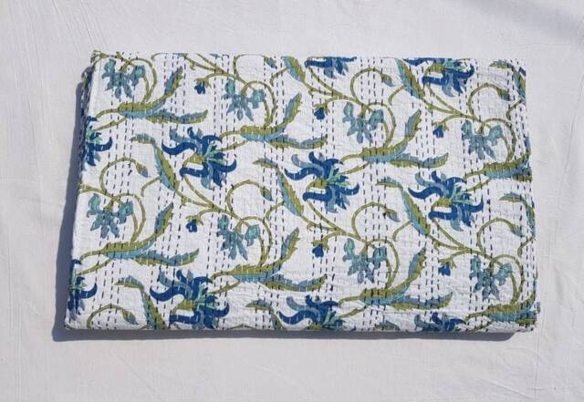 Handmade Floral Kantha Quilt Indian Queen Size Cotton Bedspread - image 1