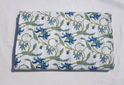 Handmade Floral Kantha Quilt Indian Queen Size Cotton Bedspread - thumbnail 1