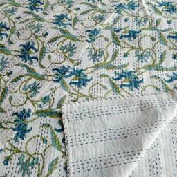 Handmade Floral Kantha Quilt Indian Queen Size Cotton Bedspread - thumbnail 3